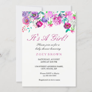 Paarse roze Waterverf Floral Baby shower Uitnodige Kaart