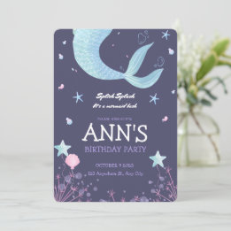 Paarse Roze Waterverf Meermin Kinderverjaardag Kaart