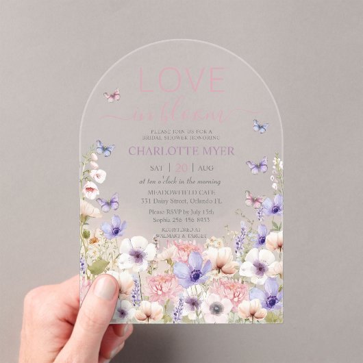 Paarse Roze Wilde Bloem Vlinders Liefde in Bloei Acryl Uitnodigingen (Insitu (Draagbaar))