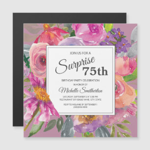Paarse roze Wildflower Square 75th Birthday Party Magnetische Uitnodiging
