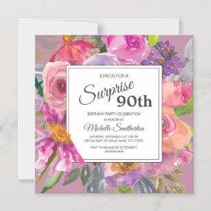 Paarse roze Wildflower Square 90th Birthday Party Magnetische Uitnodiging