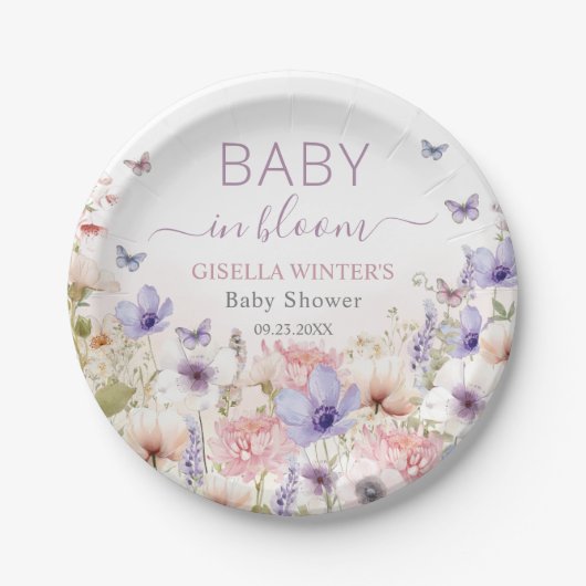 Paarse Roze Wildflower Vlinders Baby in Bloom Papieren Bordje (Voorkant)