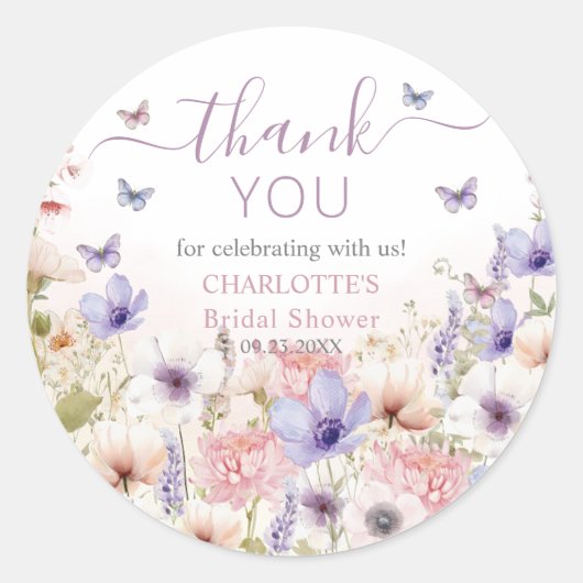 Paarse Roze Wildflower Vlinders Liefde in Bloei Ronde Sticker (Voorkant)