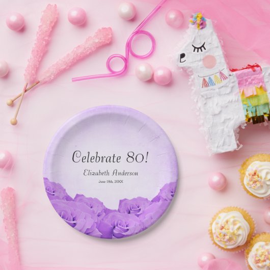 Paarse Rozen 80e verjaardag Papieren Bordje (Feest)
