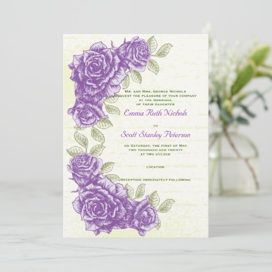 paarse rozen aangepaste bruiloft uitnodiging (Staand voorkant)