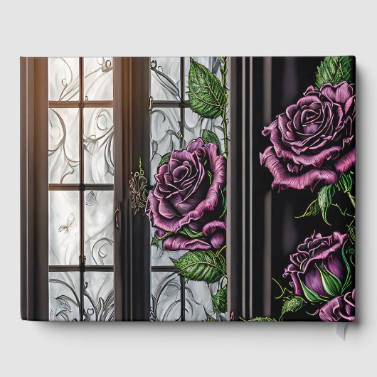 Paarse rozen bij het raam - gotische stijl bruilof gastenboek (Achterkant)