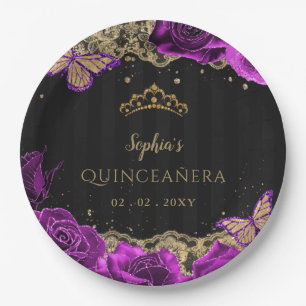Paarse Rozen Black Gold Lace Quinceañera Papieren Bordje