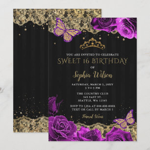  Paarse Rozen Black Gold Lace Sweet 16 Kaart