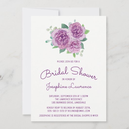 Paarse Rozen Bloemen Bruidsdouche Uitnodigingen (Voorkant)