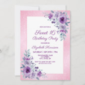Paarse Rozen Bloemen Glitter Roze 16e Verjaardag Kaart (Voorkant)