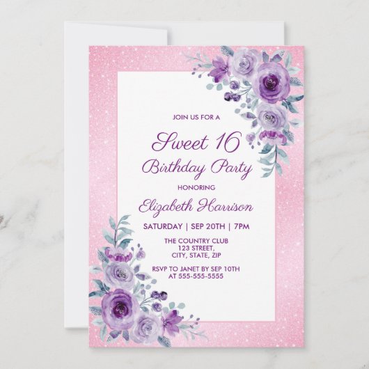 Paarse Rozen Bloemen Glitter Roze 16e Verjaardag Kaart (Voorkant)