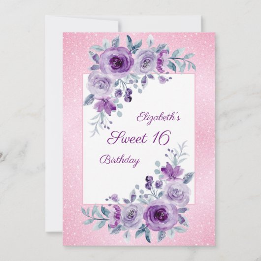 Paarse Rozen Bloemen Glitter Roze 16e Verjaardag Kaart (Achterkant)