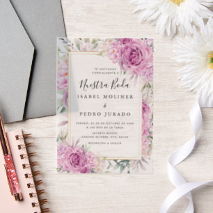 Paarse Rozen Bloemen Nuestra Boda Spaans Bruiloft Vellum Uitnodigingen