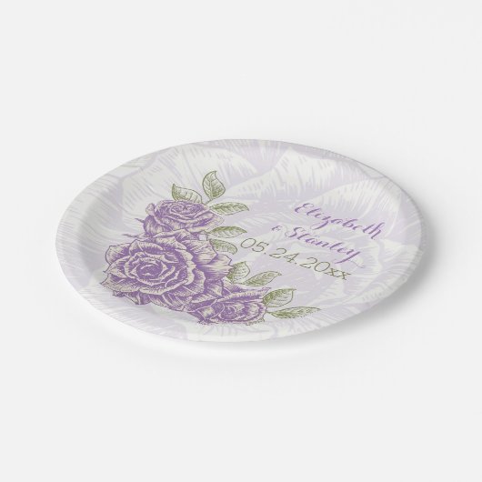  paarse rozen bloemenbruiloft papieren bordje (Gekanteld)