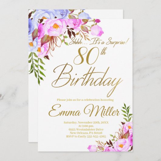 Paarse Rozen Bloemenverrassing 80ste Verjaardagsfe Kaart (Voorkant / Achterkant)