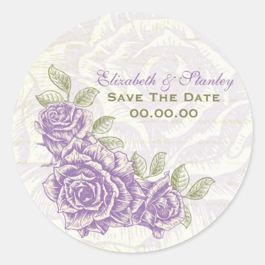 paarse rozen bruiloft Save the Date sticker (Voorkant)