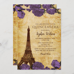  Paarse Rozen Eiffeltoren Quinceañera Kaart