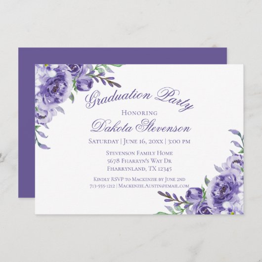 Paarse Rozen | Elegant Waterverf Afstuderen Kaart (Voorkant / Achterkant)