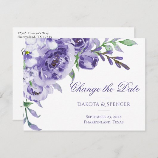Paarse Rozen | Elegante Waterverf Datumwijziging Aankondigingskaart (Voorkant / Achterkant)