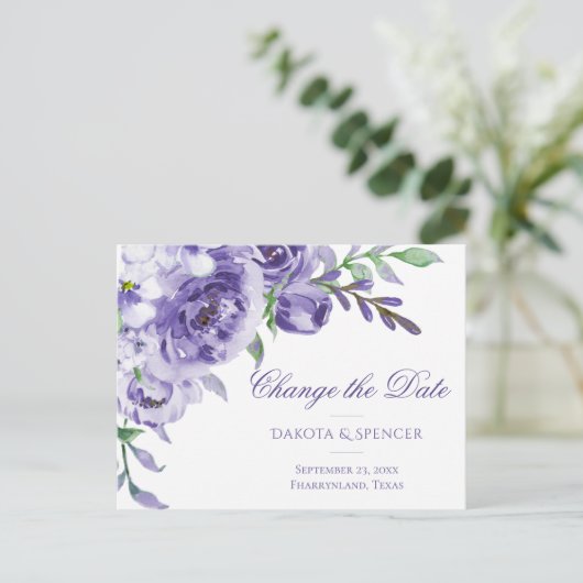 Paarse Rozen | Elegante Waterverf Datumwijziging Aankondigingskaart (Staand voorkant)