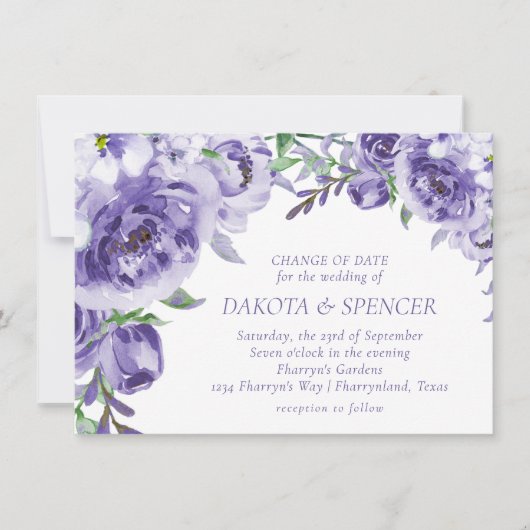 Paarse Rozen | Elegante Waterverf Datumwijziging Kaart (Voorkant)