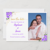 Paarse Rozen en gouden bloemen Save The Date (Voorkant)