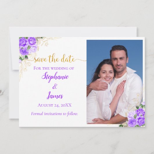 Paarse Rozen en gouden bloemen Save The Date (Voorkant)