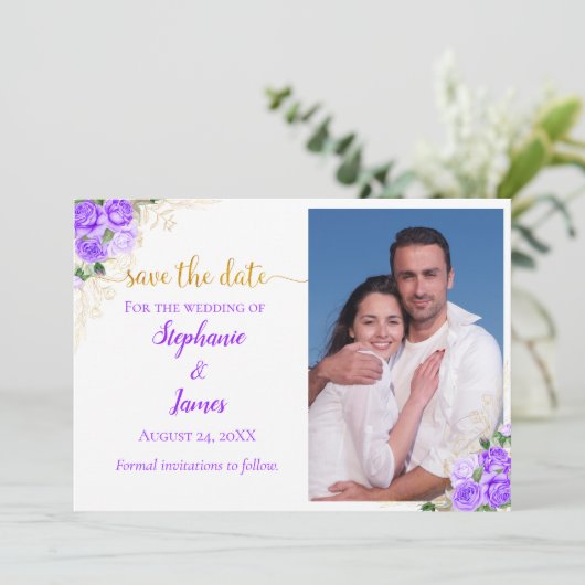 Paarse Rozen en gouden bloemen Save The Date (Staand voorkant)