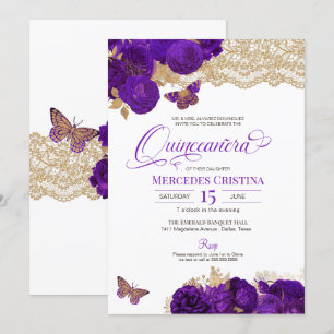 Paarse Rozen en graatvlinder Quinceañera Invita Kaart