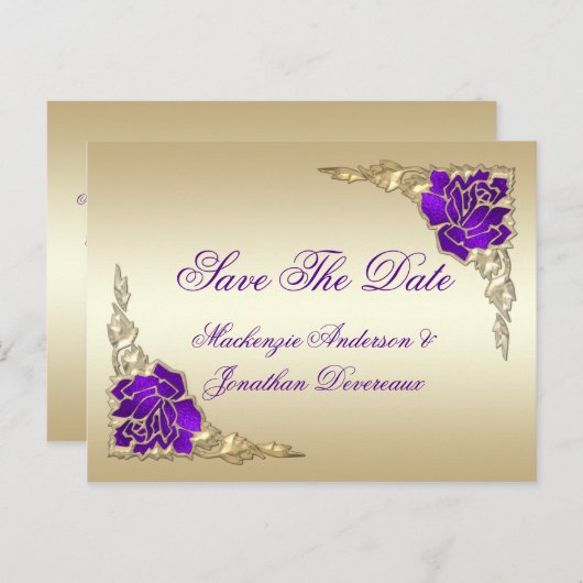  Paarse Rozen Gold Leaves Save The Date Aankondigingskaart (Voorkant / Achterkant)