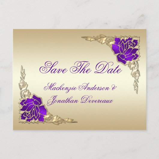  Paarse Rozen Gold Leaves Save The Date Aankondigingskaart (Voorkant)
