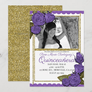 Paarse Rozen gouden glitter quinceañera verjaardag Kaart