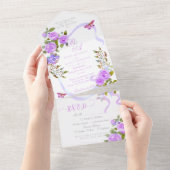 Paarse Rozen lint monogram bruiloft uitnodiging (Afscheurbaar)