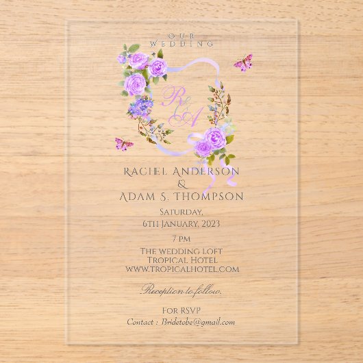 Paarse Rozen lint monogram bruiloft uitnodiging Acryl Uitnodigingen (Voorkant)