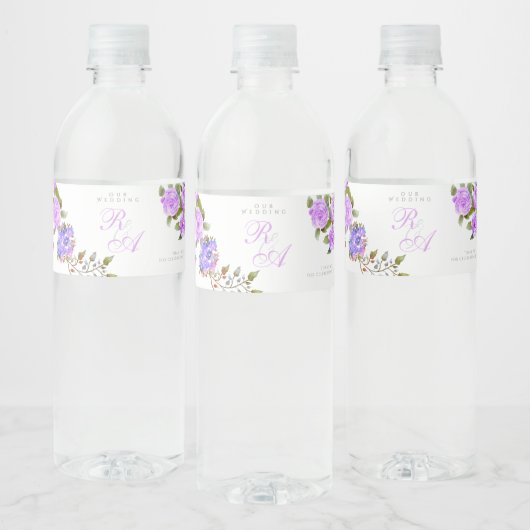 Paarse Rozen lint monogram bruiloft Waterfles Etiket (Flessen)