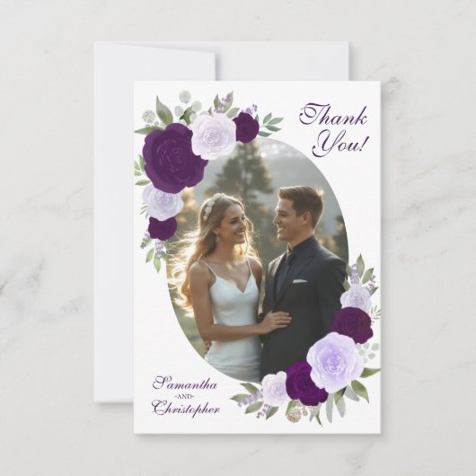 Paarse Rozen Ovaal Foto QR Code Elegant Huwelijk Bedankkaart (Voorkant)