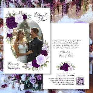 Paarse Rozen Ovaal Foto QR Code Elegant Huwelijk Bedankkaart