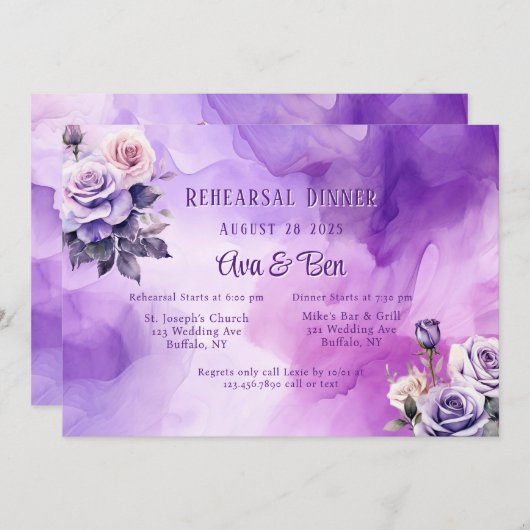 Paarse Rozen Repetitie Diner Uitnodiging (Voorkant / Achterkant)