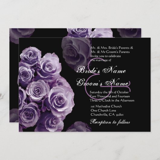 Paarse Rozen Uitnodiging tot bruiloft (Voorkant / Achterkant)