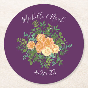 Paarse Rozen van het Peach Wedding Floral Ronde Kartonnen Onderzetter