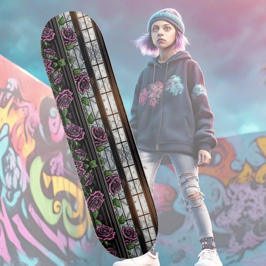 Paarse rozen van het raam - gothische stijl skateboard