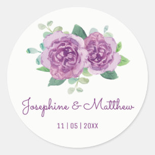 Paarse Rozen Waterverf bruiloft stickers