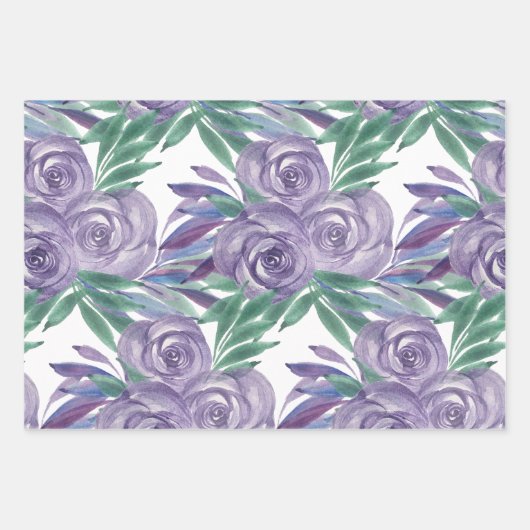Paarse Rozen Waterverf handgeschilderd Inpakpapier Vel (Voorkant)