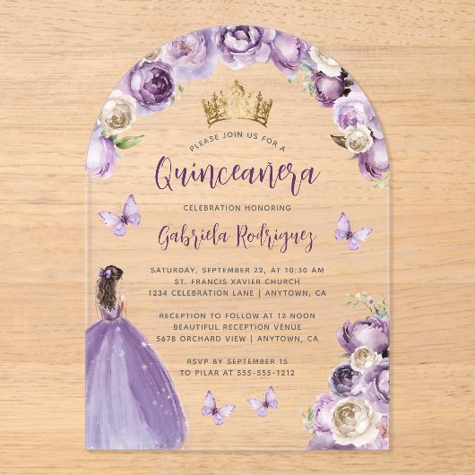 Paarse Rozen Waterverf Quinceañera Acryl Uitnodigingen (Voorkant)