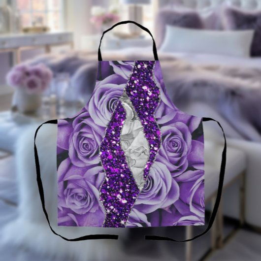 Paarse Rozen Zilveren Luxe Elegante Vloeibare Text Schort