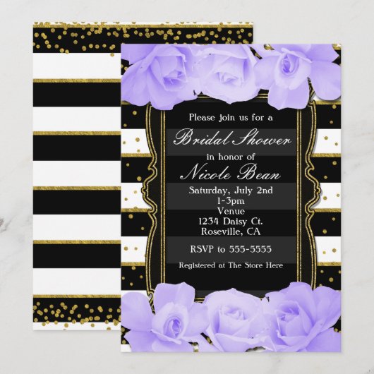 Paarse Rozen Zwart Strepen & Goud Vrijgezellenfees Kaart (Voorkant / Achterkant)
