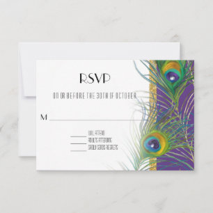 Paarse RSVP Response Kaart Peacock Feathers Gold
