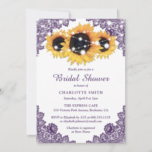 Paarse Rustic Chic Lace Sunflower Bridal Kaart (Voorkant)
