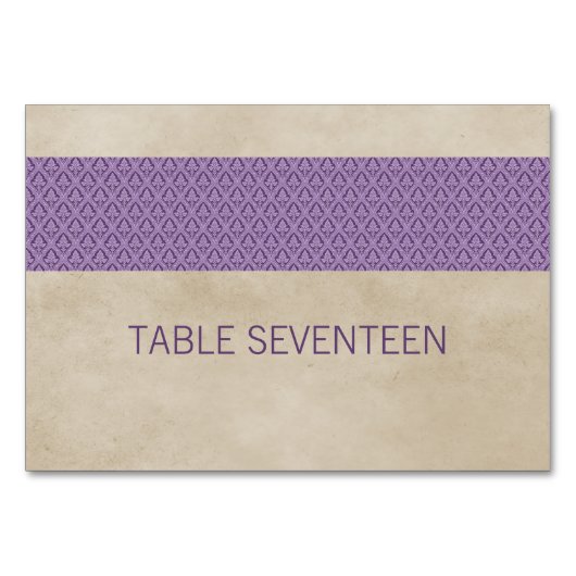 Paarse Rustic Damask Table Kaart (Voorkant)