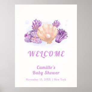 Paarse Rustic Pearl Seashell Baby shower Welkom Poster